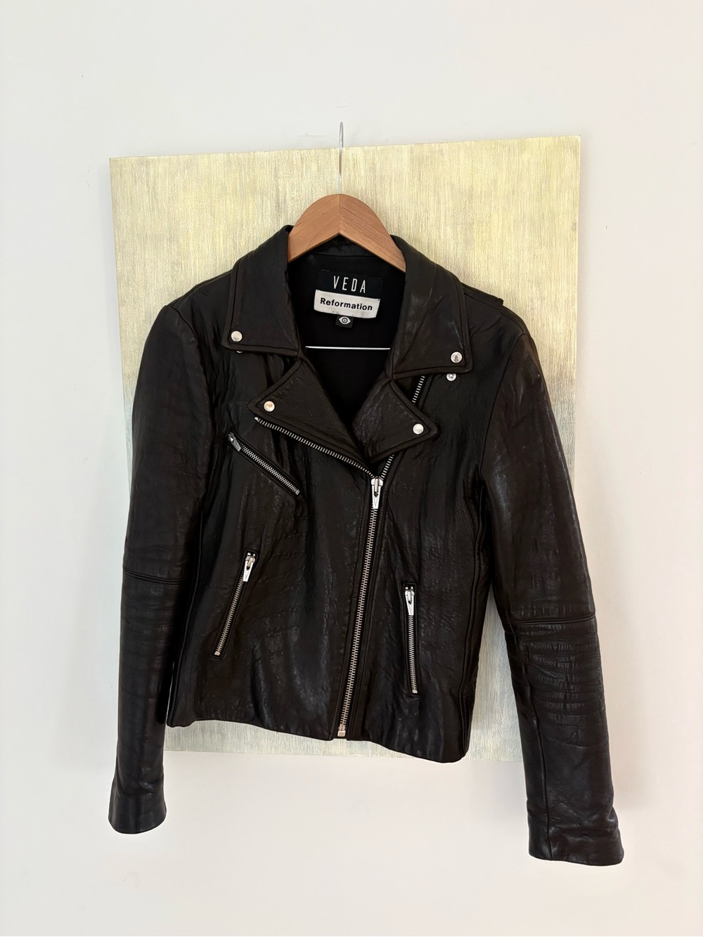 Reformation x Veda Black Leather Moto Jacket with Silver Hardware